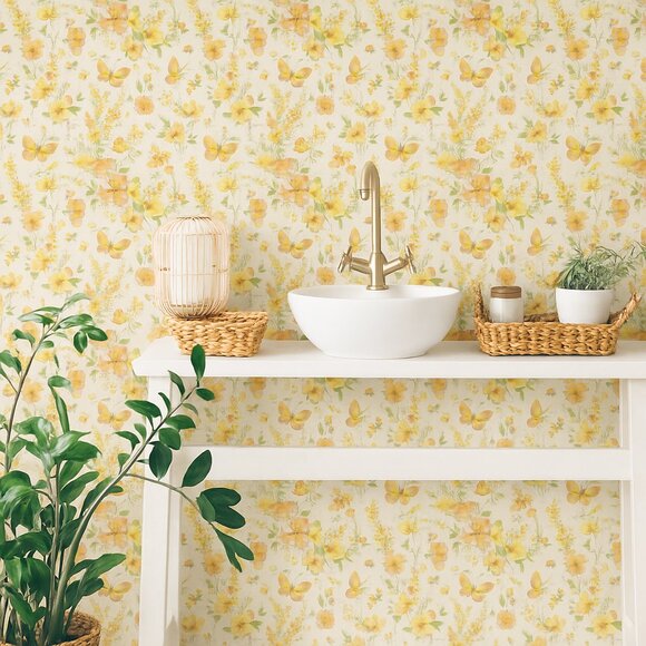 Vintage 1980s Orange Floral Motif Wallpaper - Picture 4 of 8